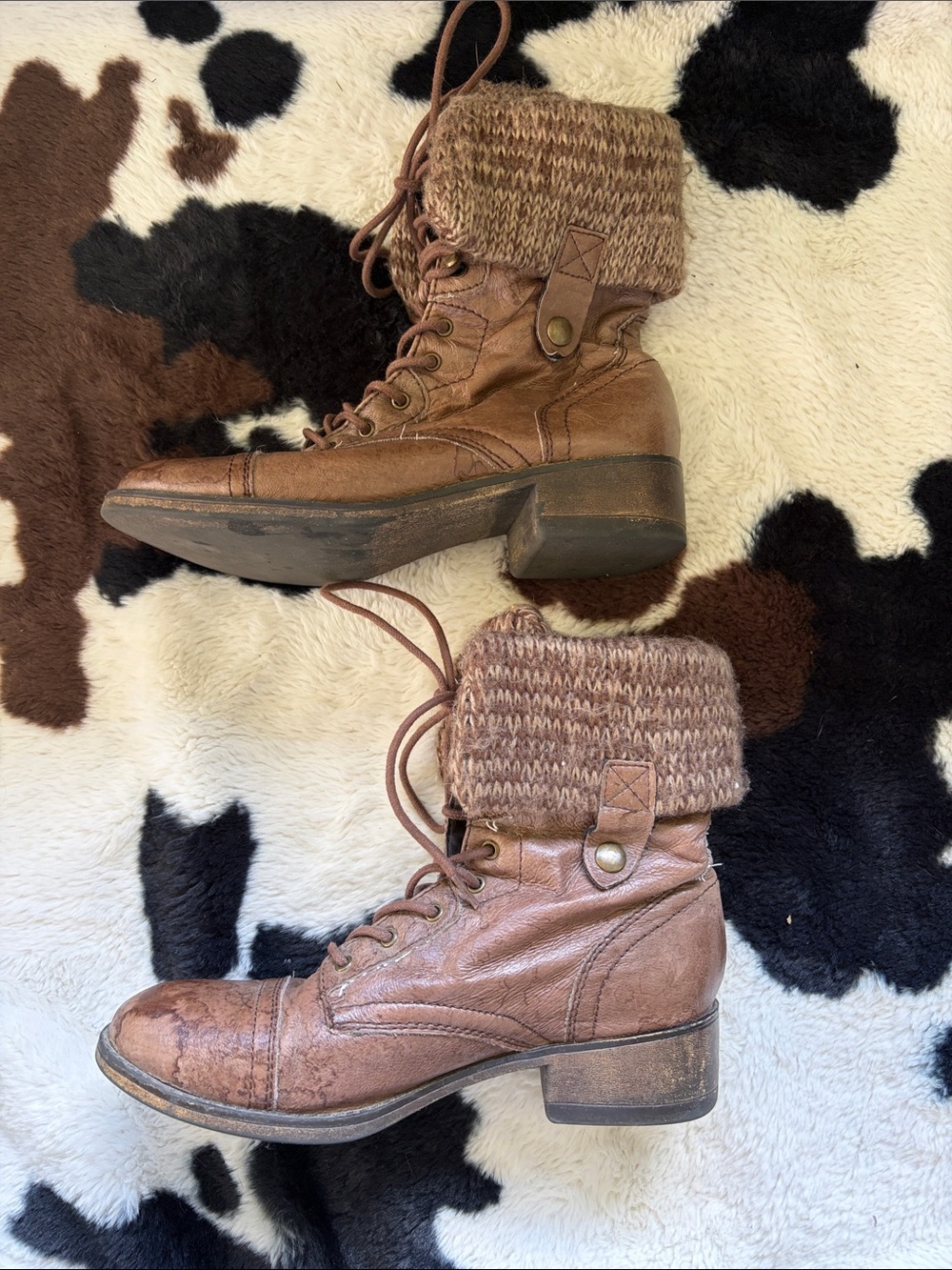 Steve Madden Brown Lace-Up Knit Cuff Ankle Boots